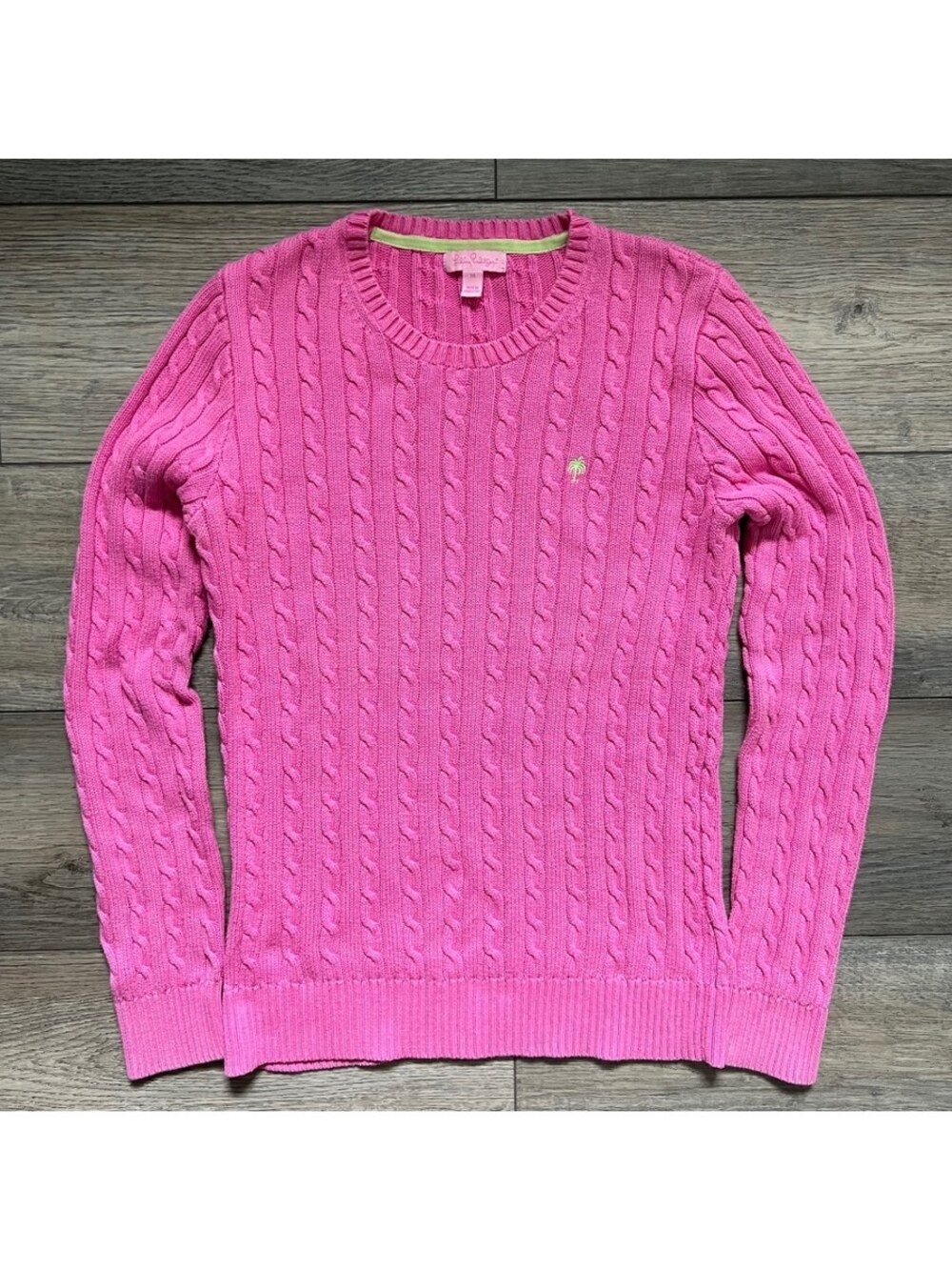 Lilly Pulitzer Women's M Pullover Pink Cable Knit Crewneck Sweater Palm Logo